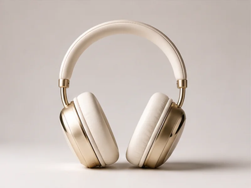 Realistic studio product photo of the pretend product Champagne Air Headphones.