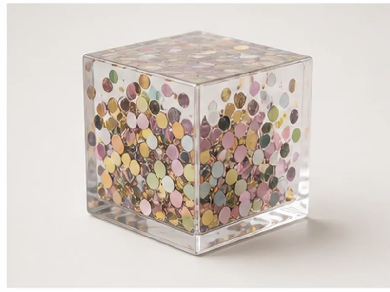Realistic studio product photo of the pretend product Desk Confetti Cube.