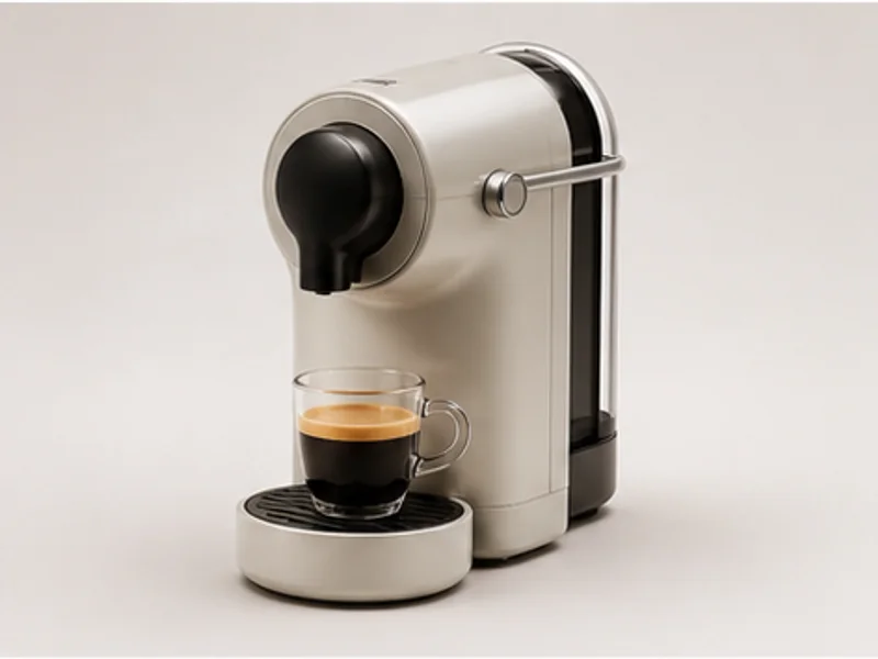 Realistic studio product photo of the pretend product Pocket Espresso Robot.