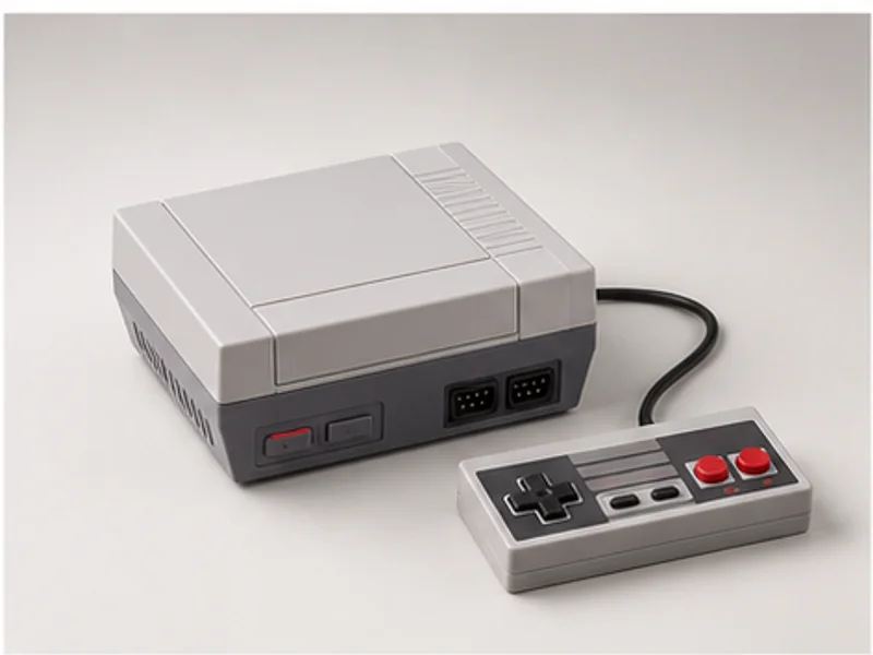 Realistic studio product photo of the pretend product Retro Mini Console.