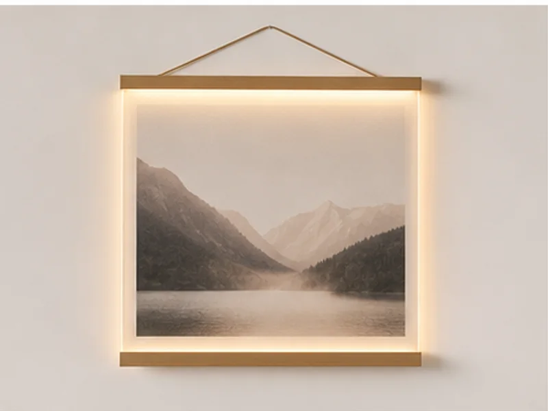 Realistic studio product photo of the pretend product Soft Glow Poster Rail.