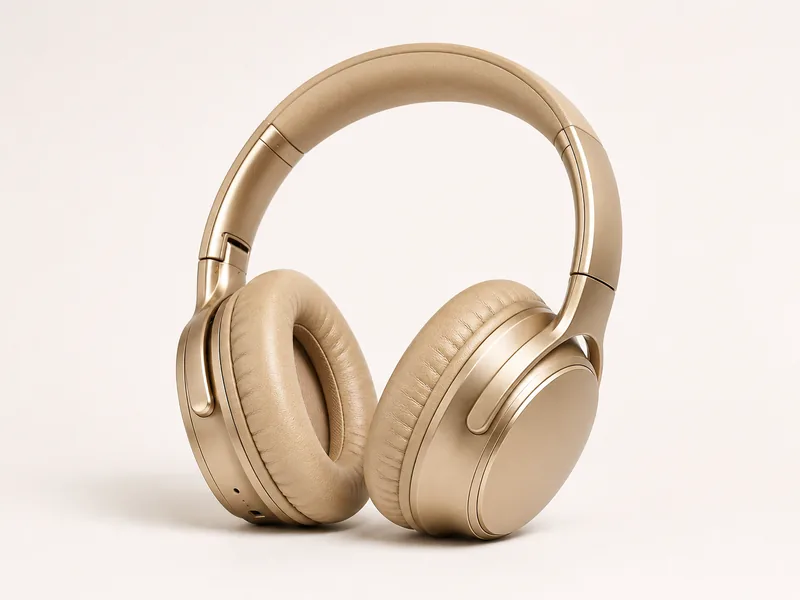 Generated generic product photo of gold champagne air headphones.