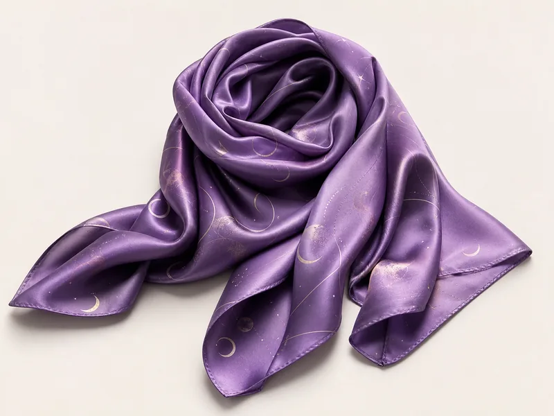 Generated generic product photo of a purple lunar silk scarf.