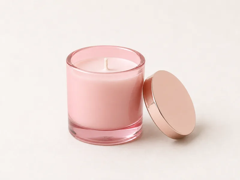 Generated generic product photo of a pink mini luxury candle.