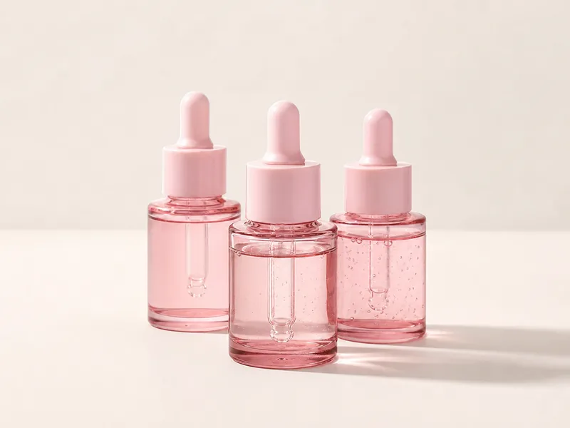 Generated generic product photo of three pink petal serum bottles.