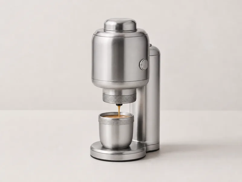 Generated generic product photo of a silver pocket espresso robot.