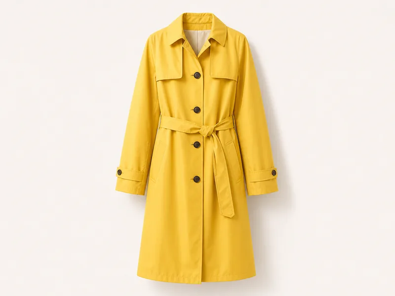 Generated generic product photo of a yellow rainwalk trench coat.